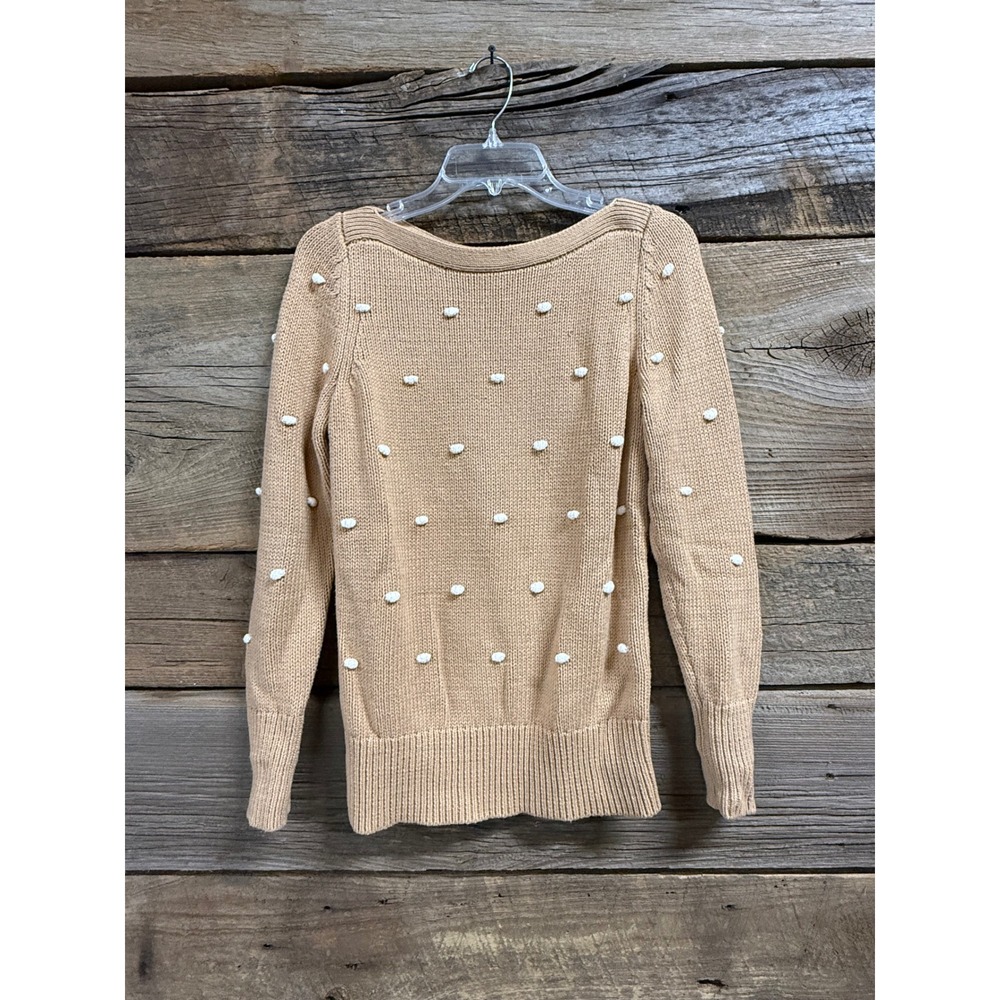 Loft Tan Pom Pom Bobble Knit Sweater XS Long Sleeve Scoop Neck Beige